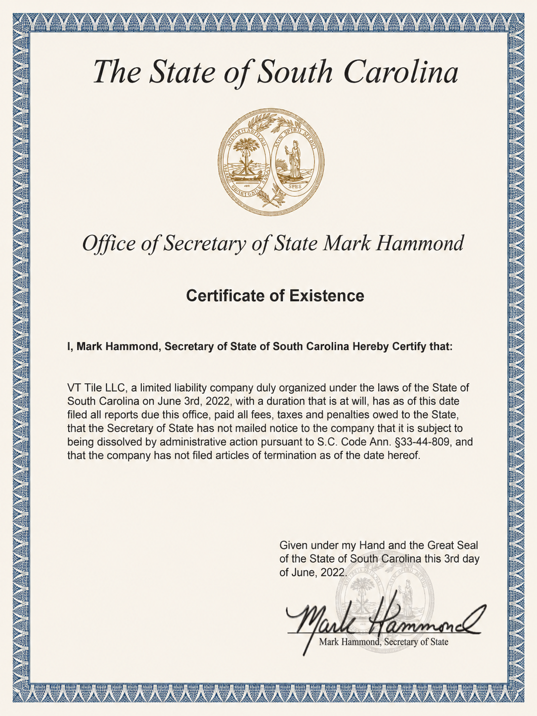 Certificate of Existence — VT TILE LLC